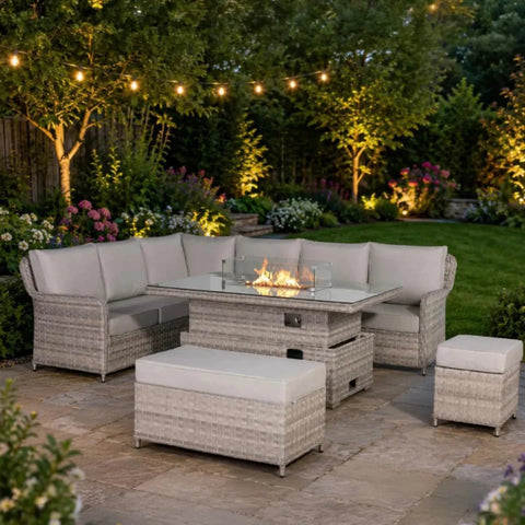 Contemporary left-hand corner seating set with rattan-style finish.