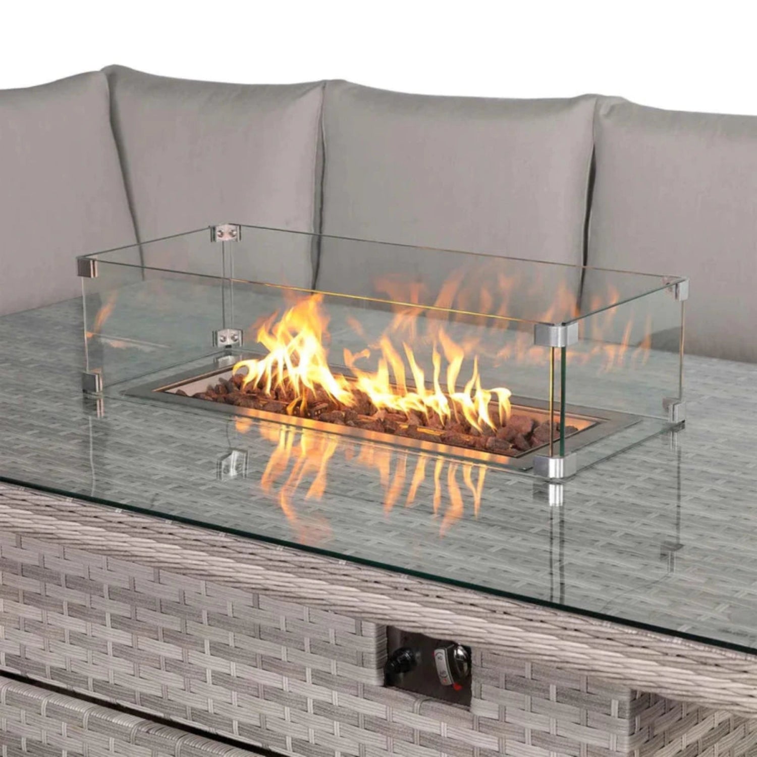 Integrated firepit centre table for garden seating set.