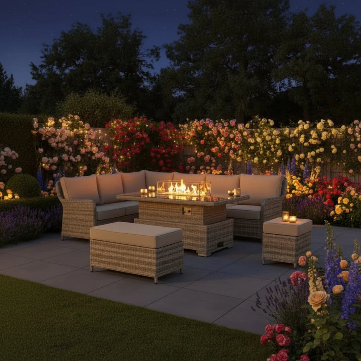 Contemporary left-hand corner seating set with rattan-style finish.