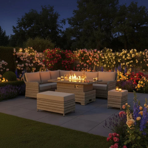 Contemporary left-hand corner seating set with rattan-style finish.