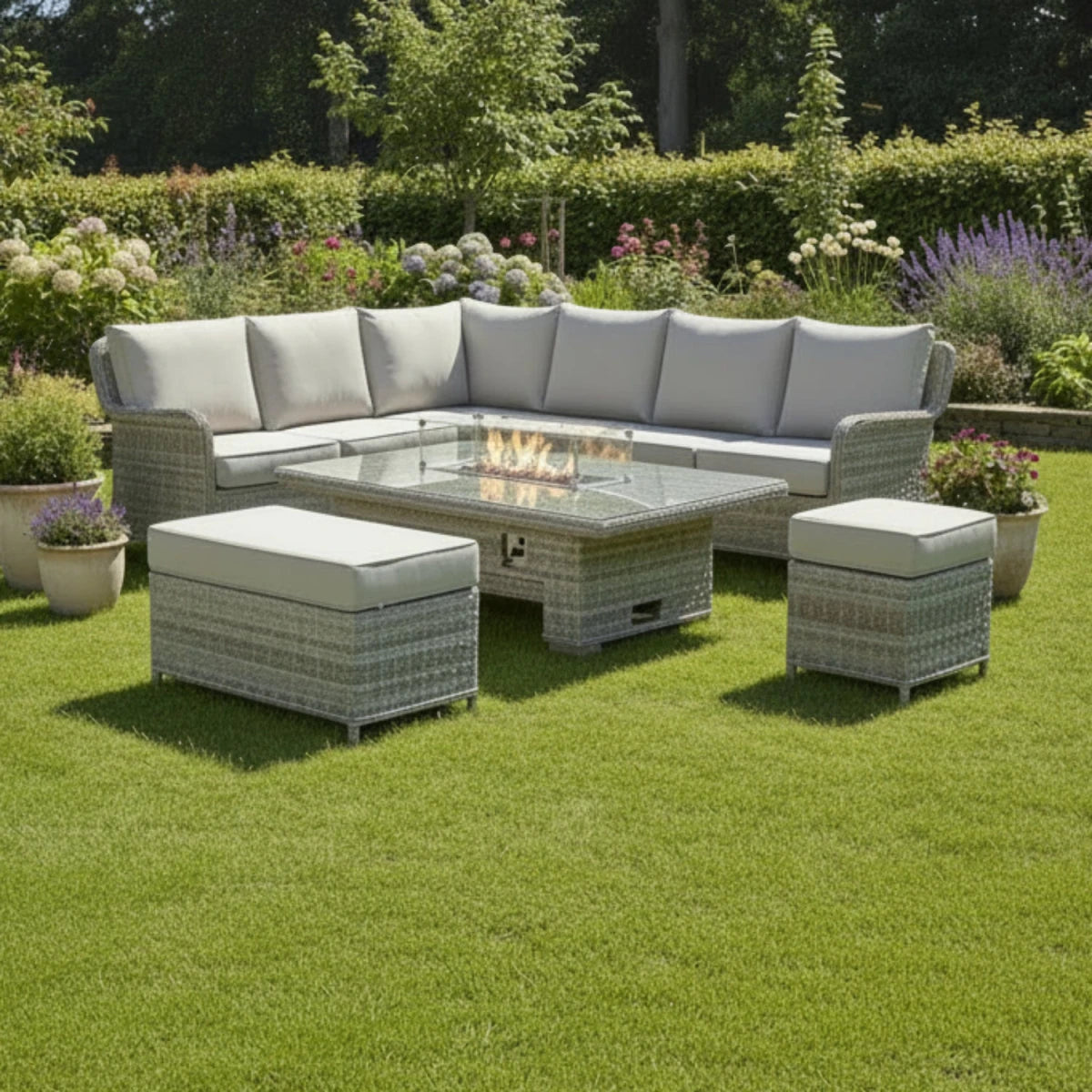 Contemporary left-hand corner seating set with rattan-style finish.