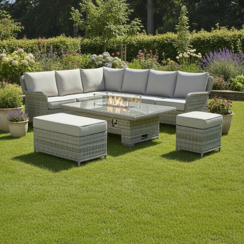 Contemporary left-hand corner seating set with rattan-style finish.