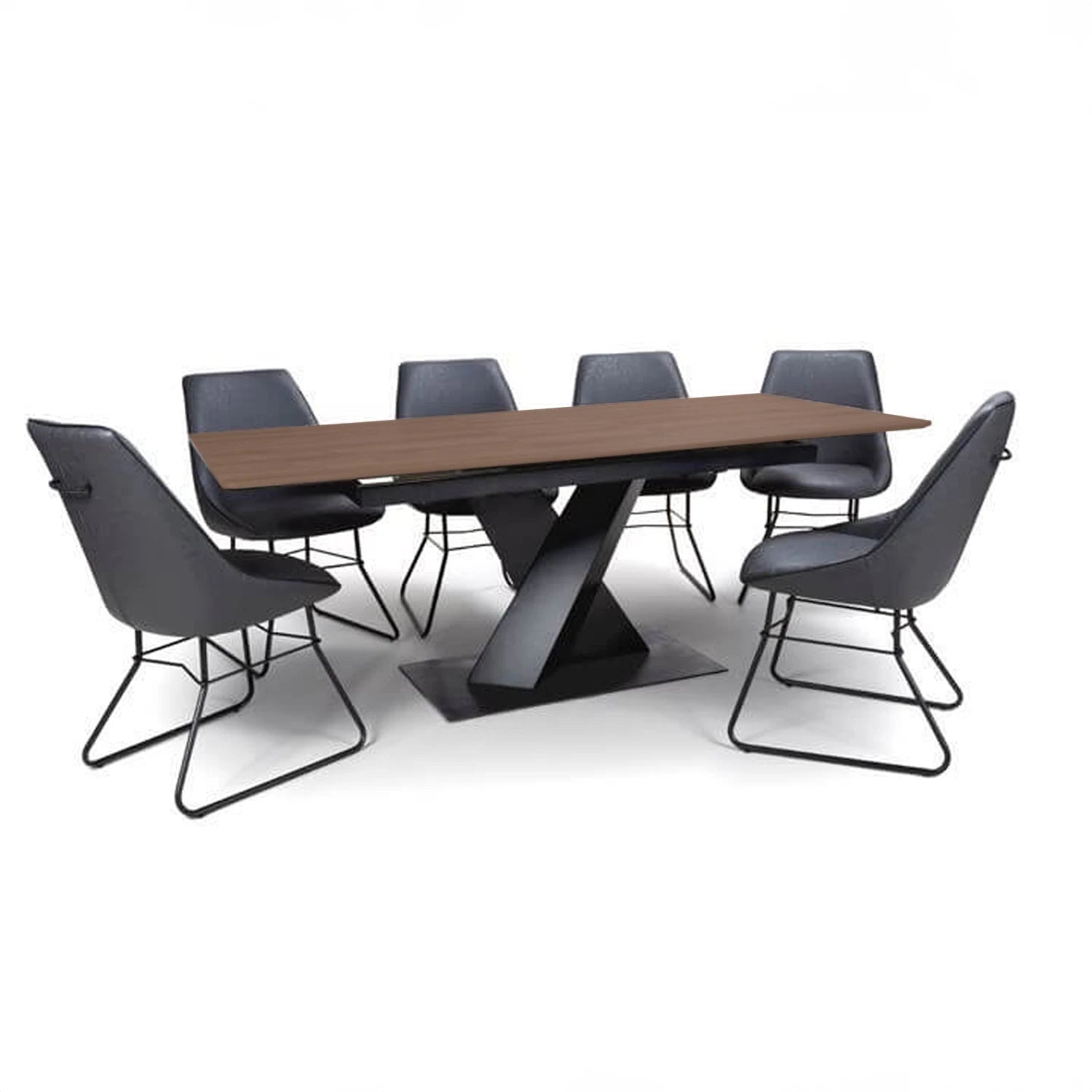 Modern walnut effect dining table with cross-leg base and smart extending top. Extends 160–200cm. Stylish, heat and scratch-resistant design.