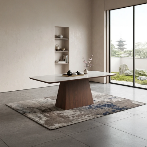 Enza walnut dining table with white sintered stone top
