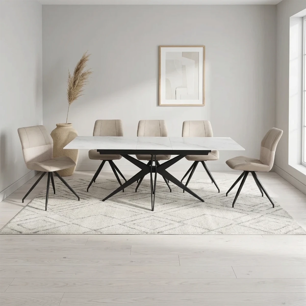 Ethan 1.6M White Sintered Stone Ext Dining Table with Swivel Dining Chairs