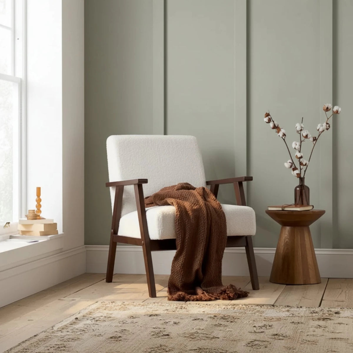 Modern armchair with wooden frame and soft upholstery.
