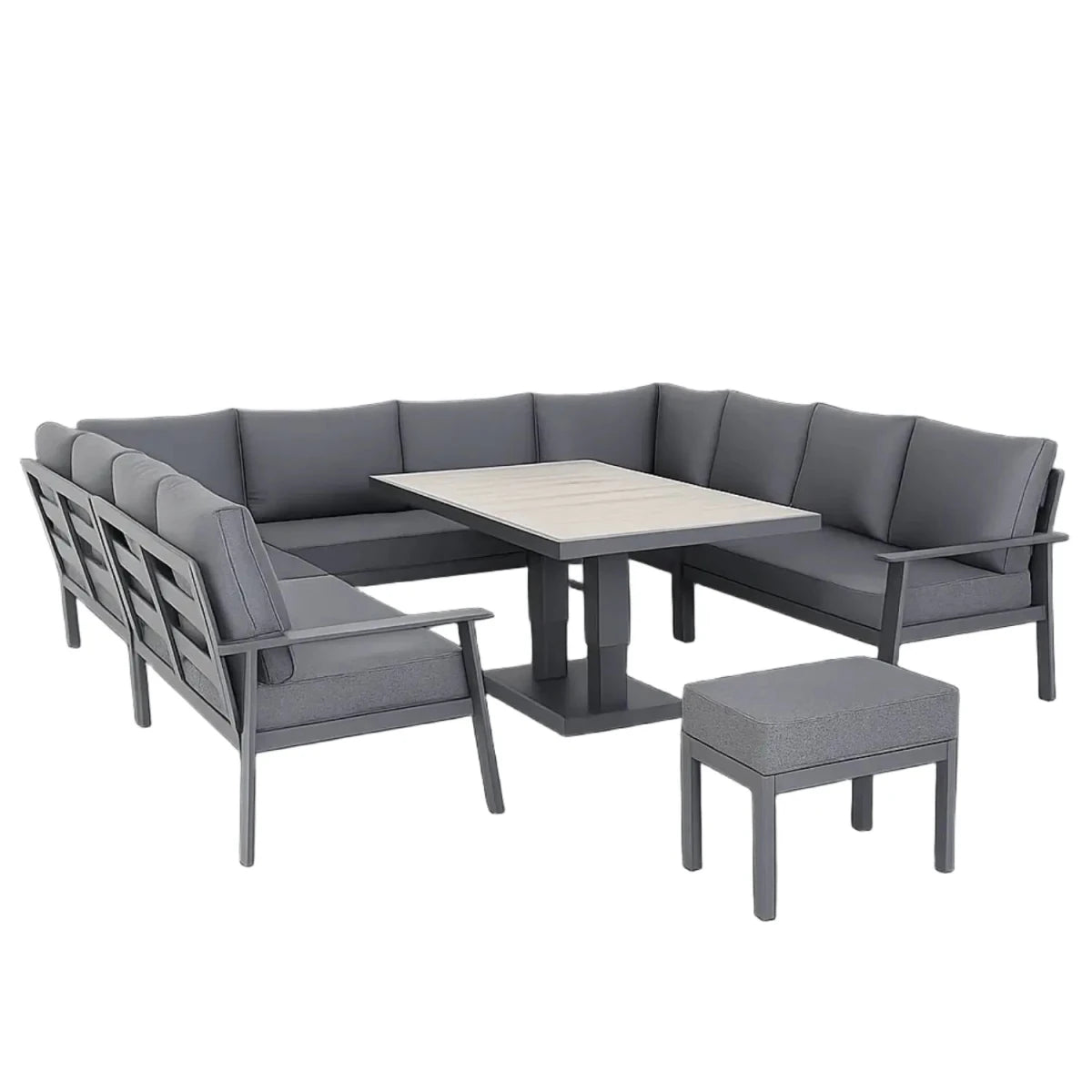 Spacious U-shaped patio dining set ideal for gatherings and relaxation.
