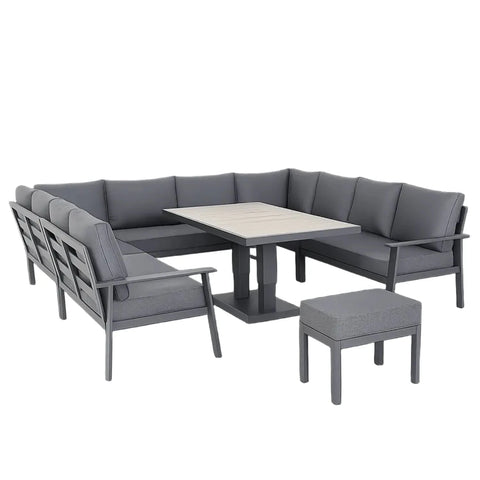 Spacious U-shaped patio dining set ideal for gatherings and relaxation.