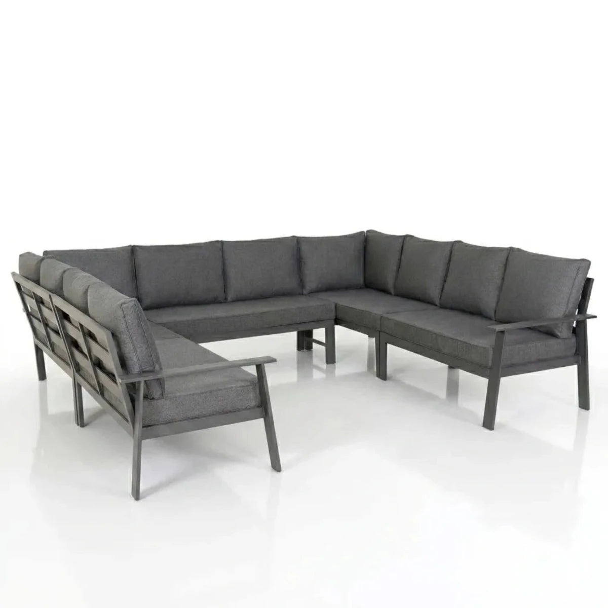 Spacious U-shaped patio dining set ideal for gatherings and relaxation.