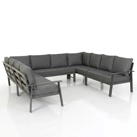Spacious U-shaped patio dining set ideal for gatherings and relaxation.