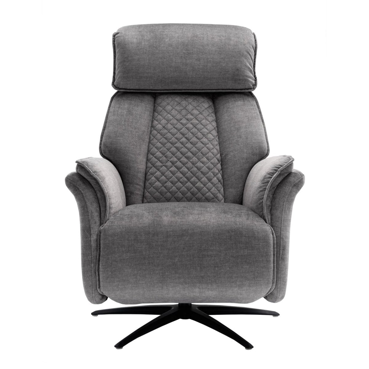 A gray upholstered swivel recliner chair with a high back, diamond-quilted center panel, padded armrests, and a black swivel base, shown on a plain white background.