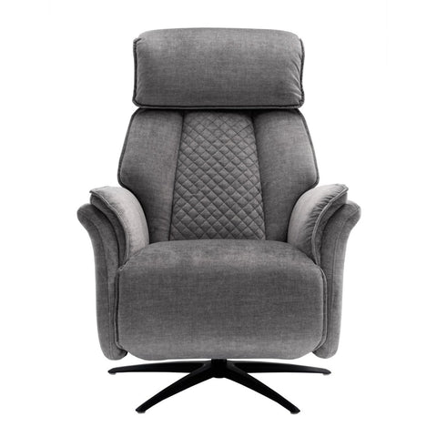 A gray upholstered swivel recliner chair with a high back, diamond-quilted center panel, padded armrests, and a black swivel base, shown on a plain white background.