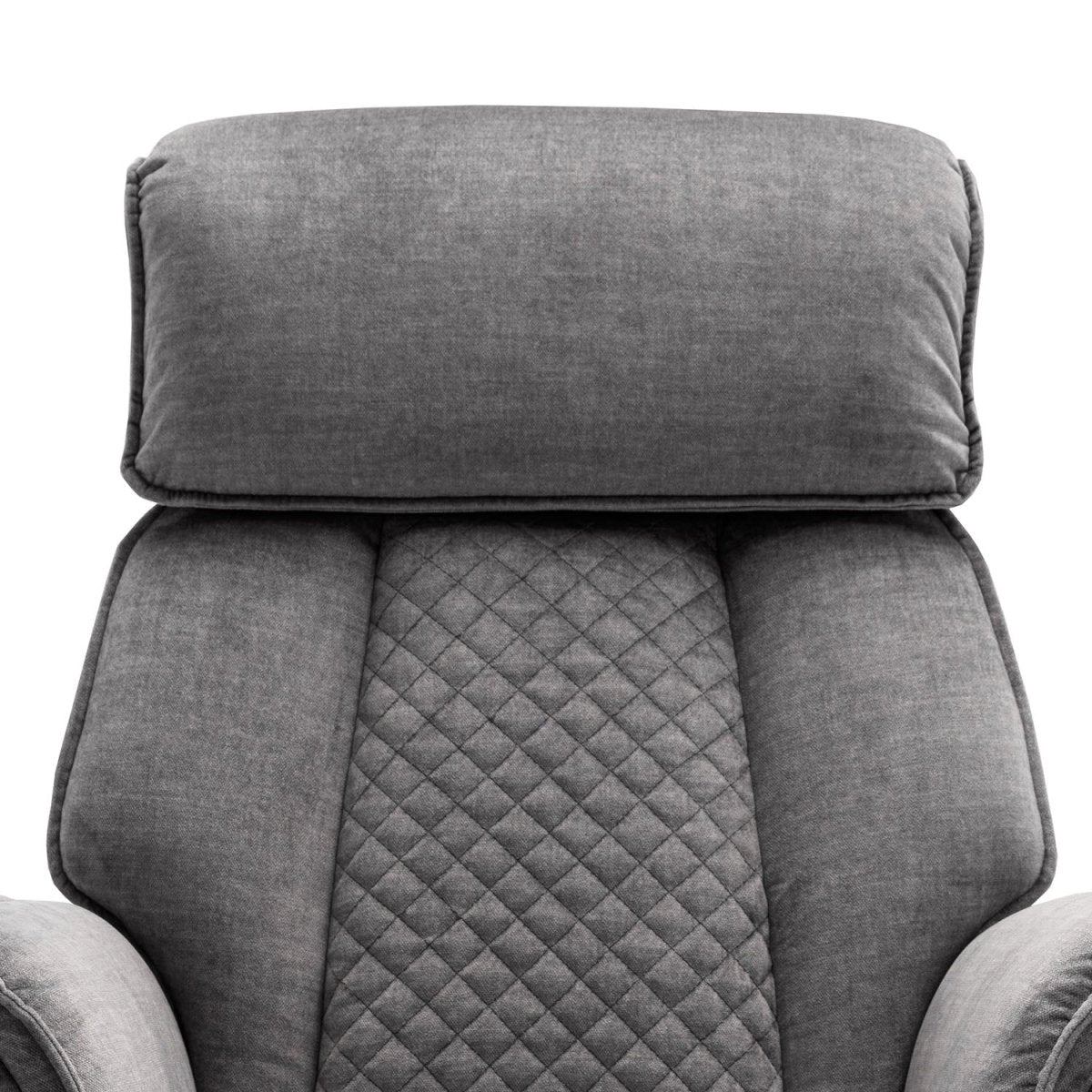 Close-up of a gray upholstered swivel recliner chair or recliner seat showing the padded headrest, quilted center back panel, and arm sections against a plain white background.