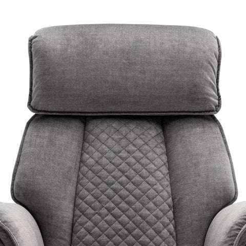 Close-up of a gray upholstered swivel recliner chair or recliner seat showing the padded headrest, quilted center back panel, and arm sections against a plain white background.