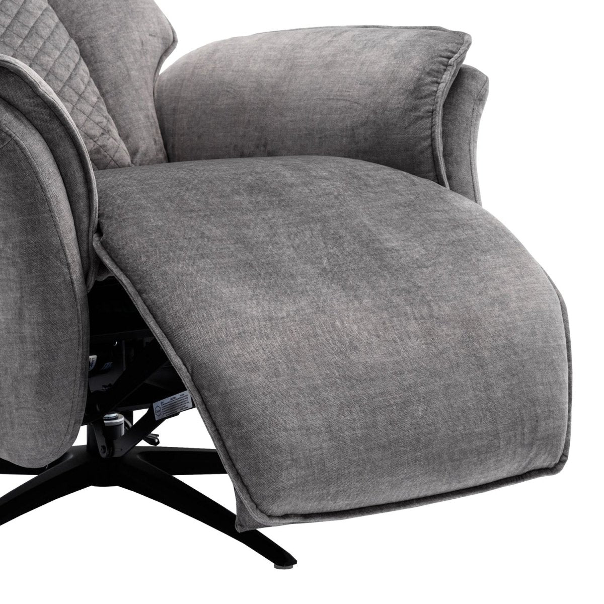 Close-up of a gray upholstered recliner chair showing the seat, backrest, and part of the black swivel base on a white background.