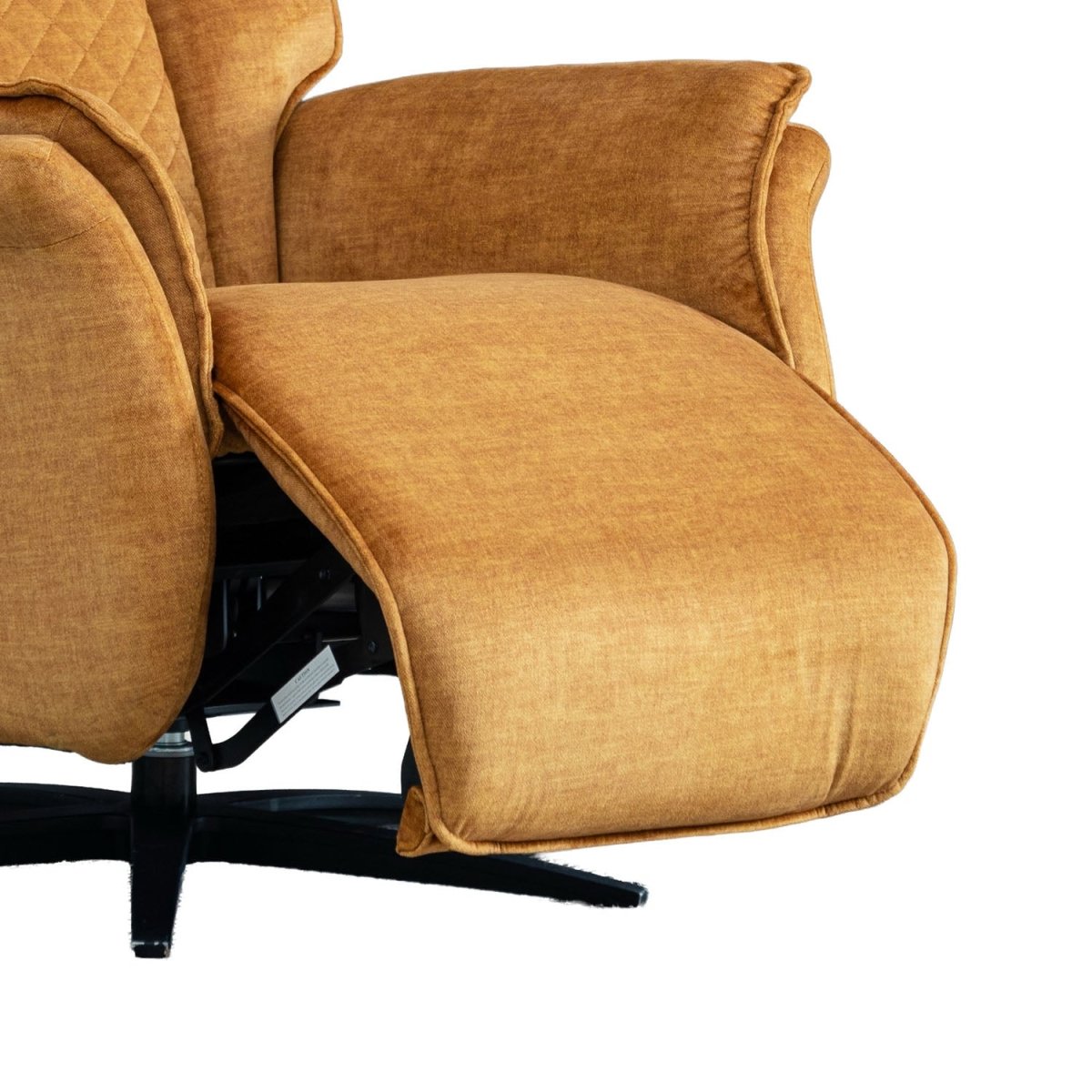 Close-up of a recliner chair with mustard textured upholstery, showing the extended footrest and part of the black swivel base against a white background.