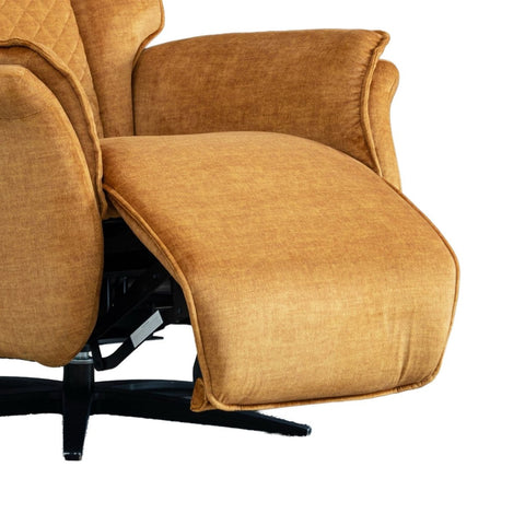 Close-up of a recliner chair with mustard textured upholstery, showing the extended footrest and part of the black swivel base against a white background.