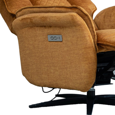Close-up of a Mustard upholstered Swivel recliner chair showing the side armrest with a small silver control panel and part of the black swivel base against a white background.