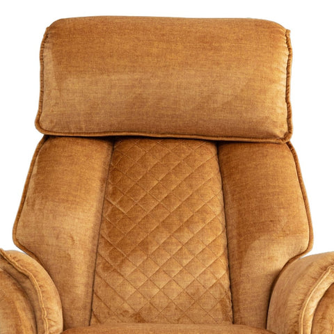 Close-up of a plush upholstered Paddington Amber Dual Motor Swivel Recliner Chair, showing the padded headrest, quilted center backrest, and arm sections on a plain white background.