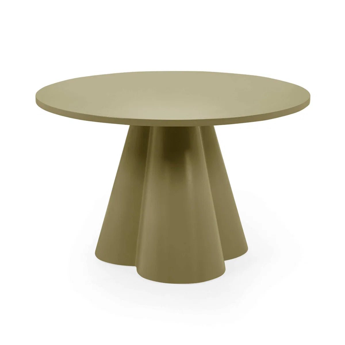 Felix 120cm Sage Green Round Dining Table. Seats 4 with a sculptural pedestal base, smooth circular top and contemporary statement design.