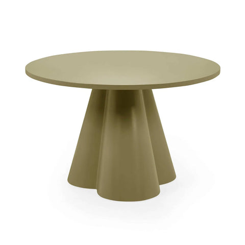 Felix 120cm Sage Green Round Dining Table. Seats 4 with a sculptural pedestal base, smooth circular top and contemporary statement design.