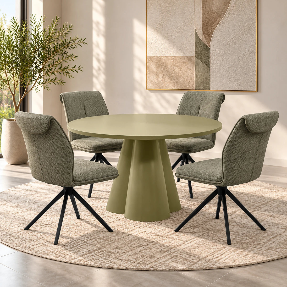Felix Sage Green Round Dining Table with 4 Marcela Swivel Chairs