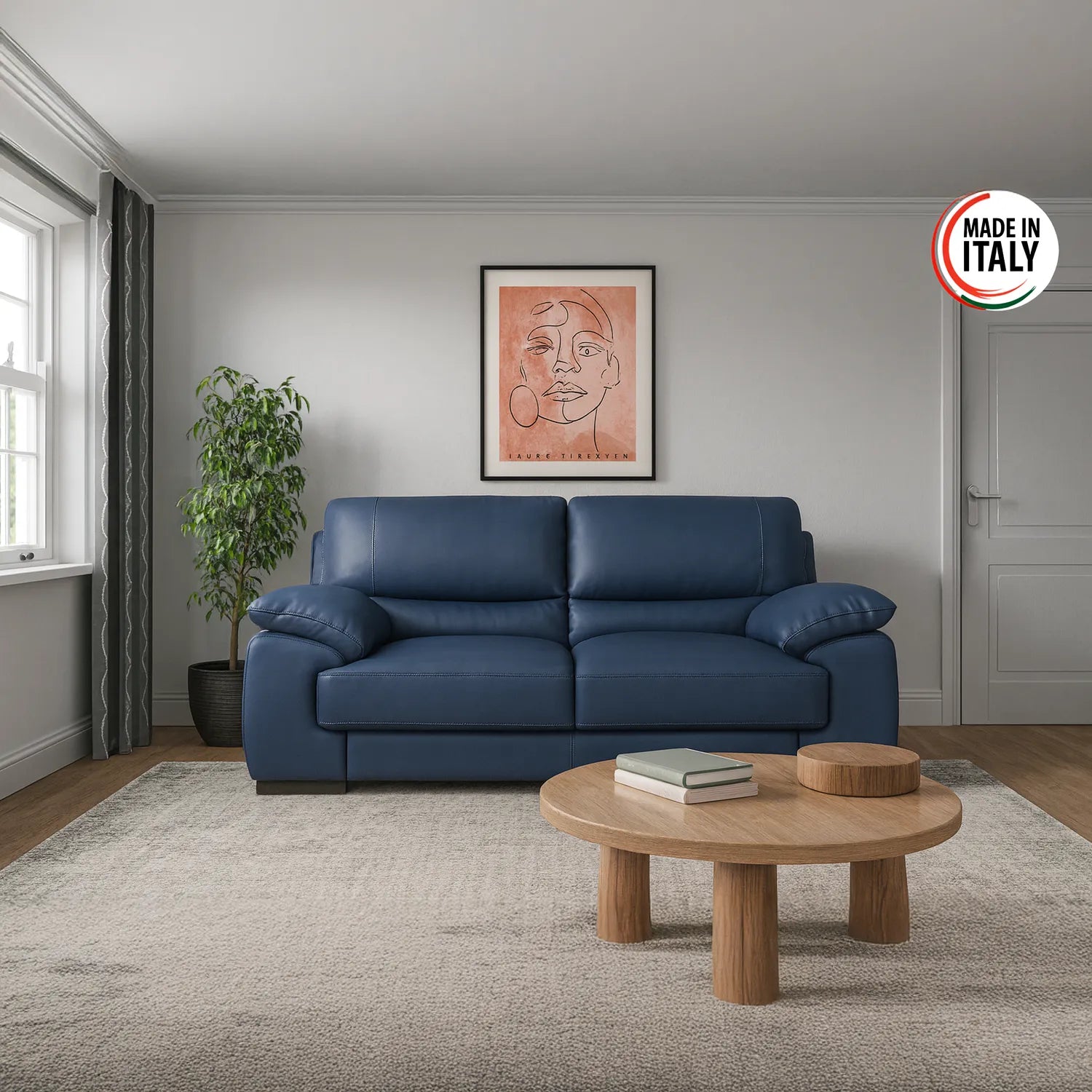 Falcon Italian Leather 2 Seater Sofa in Navy Blue - Pendle Village Furniture