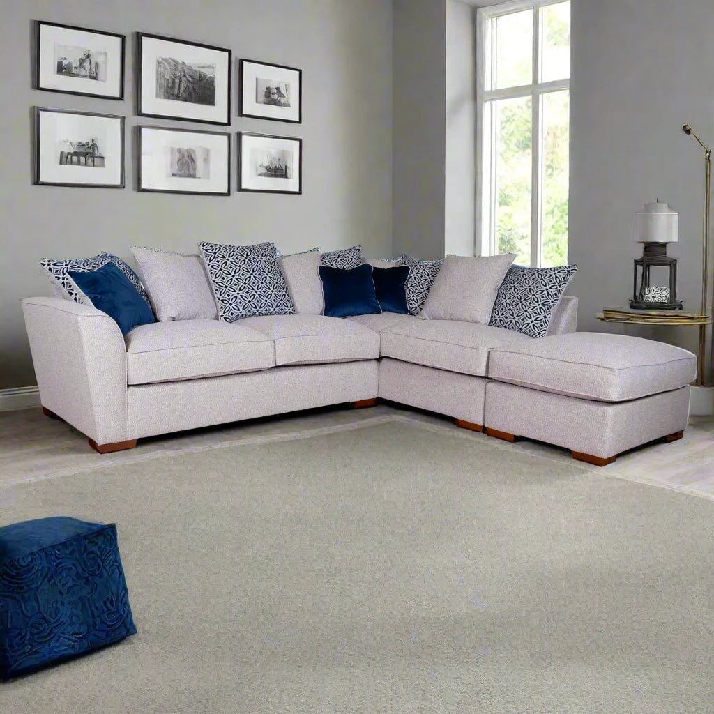 Fargo Grey and Blue Corner Chaise Sofa Group, available in a variety of fabrics and colours - Lifestyle Image 