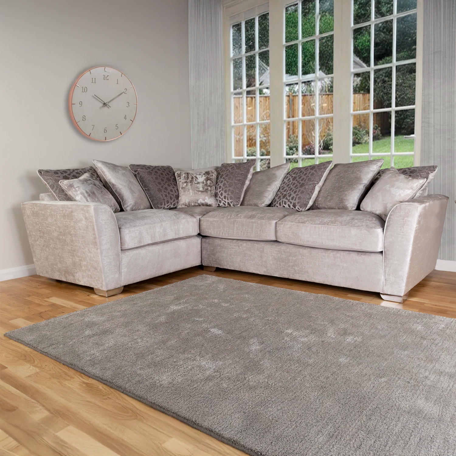 Fargo 2C1 Silver Corner Sofa. Made to Order Sofa available in a variety of fabrics and sizes - Lifestyle Image 