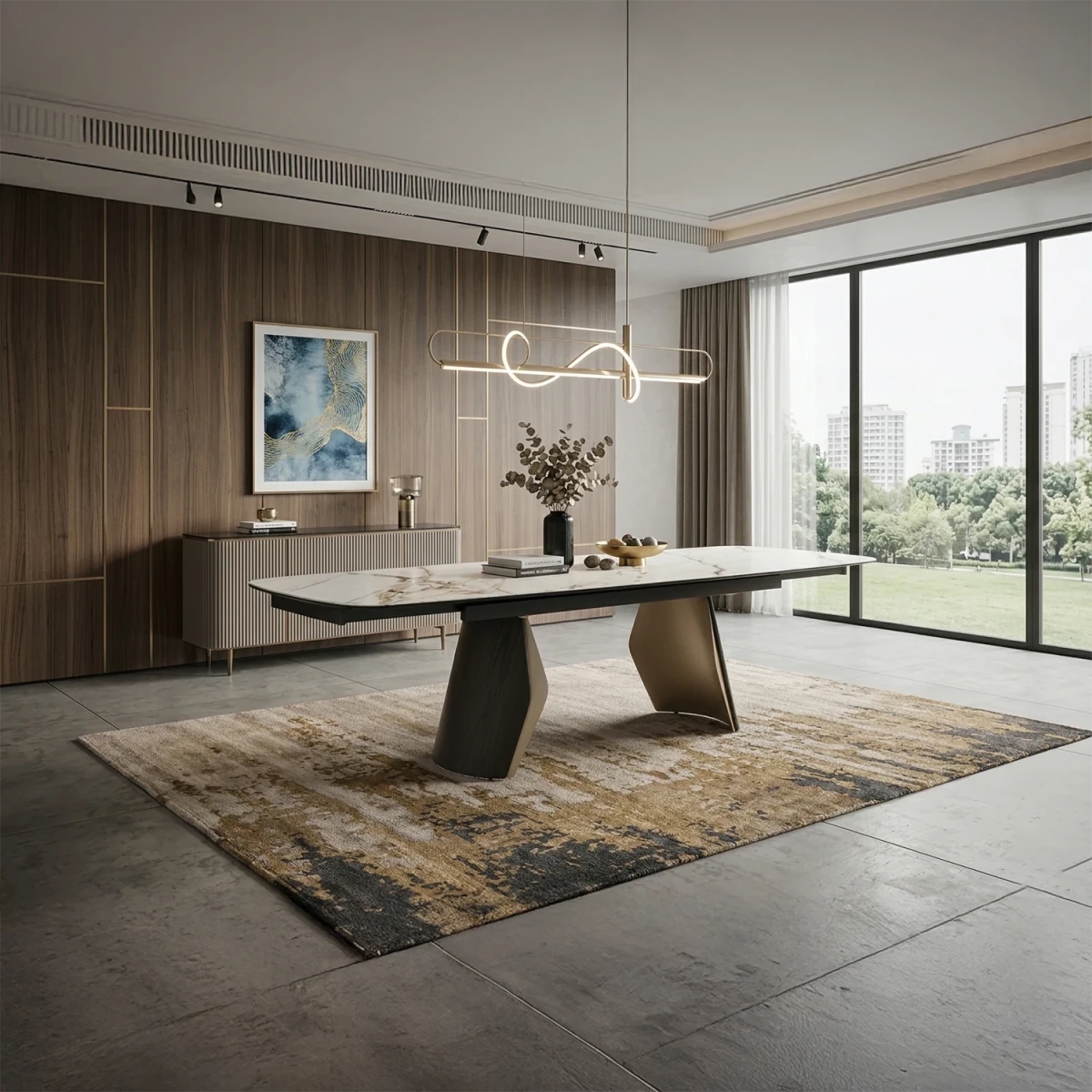 Shop the Fina extending dining table with Calacatta Verde stone top and black ash base. Luxury table extending from 180cm to 260cm.