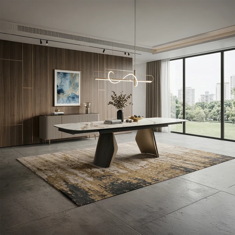 Shop the Fina extending dining table with Calacatta Verde stone top and black ash base. Luxury table extending from 180cm to 260cm.