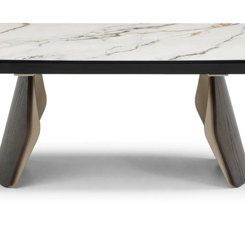 close up Fina Extending Dining Table Black Ash & Calacatta Verde Stone 180–260cm