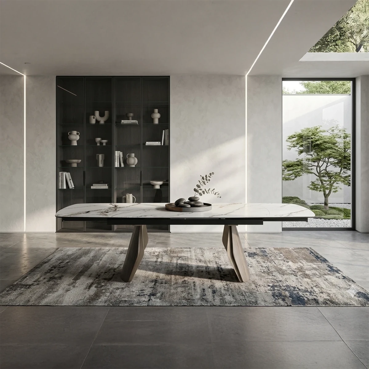 Fina extending dining table with Calacatta Verde stone top