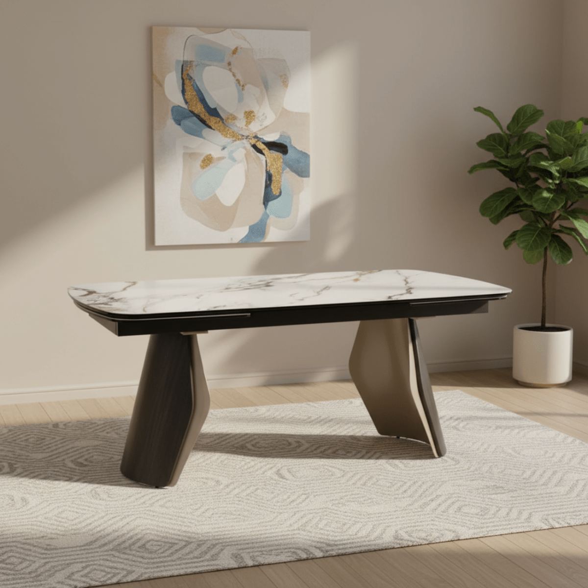 Modern dining table with marble top and wooden legs in a room with abstract art and plant.