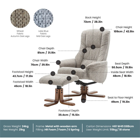 Emirates Fabric Swivel Recliner Chair with Footstool - Pendle Village Furniture