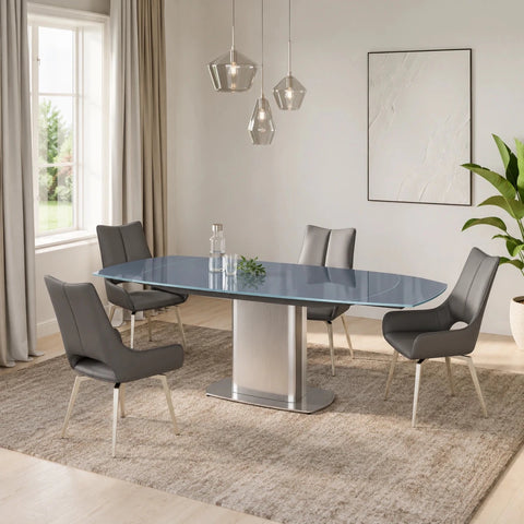 Flow Grey Glass Extending Dining Table with Six Bella Grey Swivel Dining Chairs