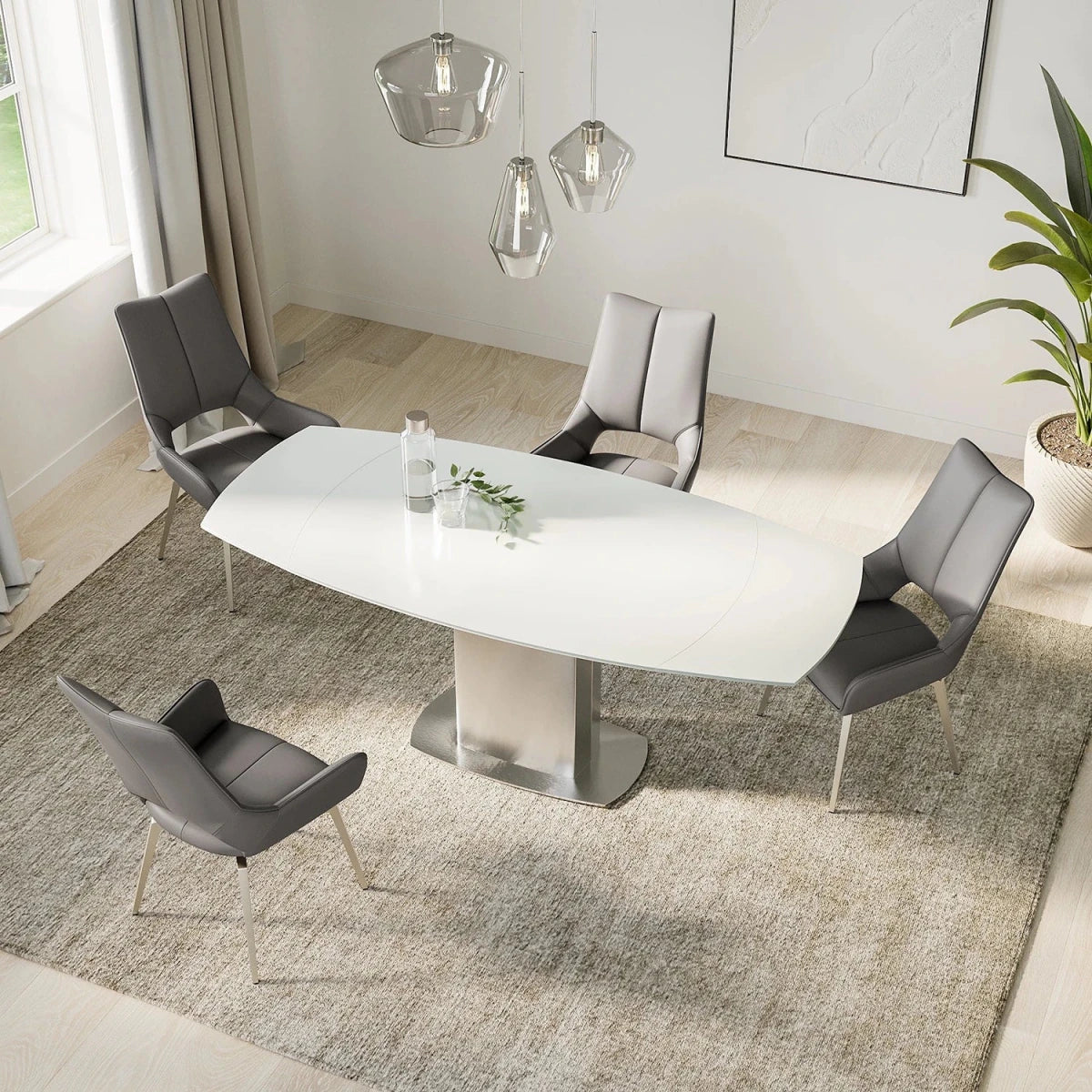 Flow 130cm to 190cm Swivel Extending Glass Dining Table with Stainless Steel Pedestal Base