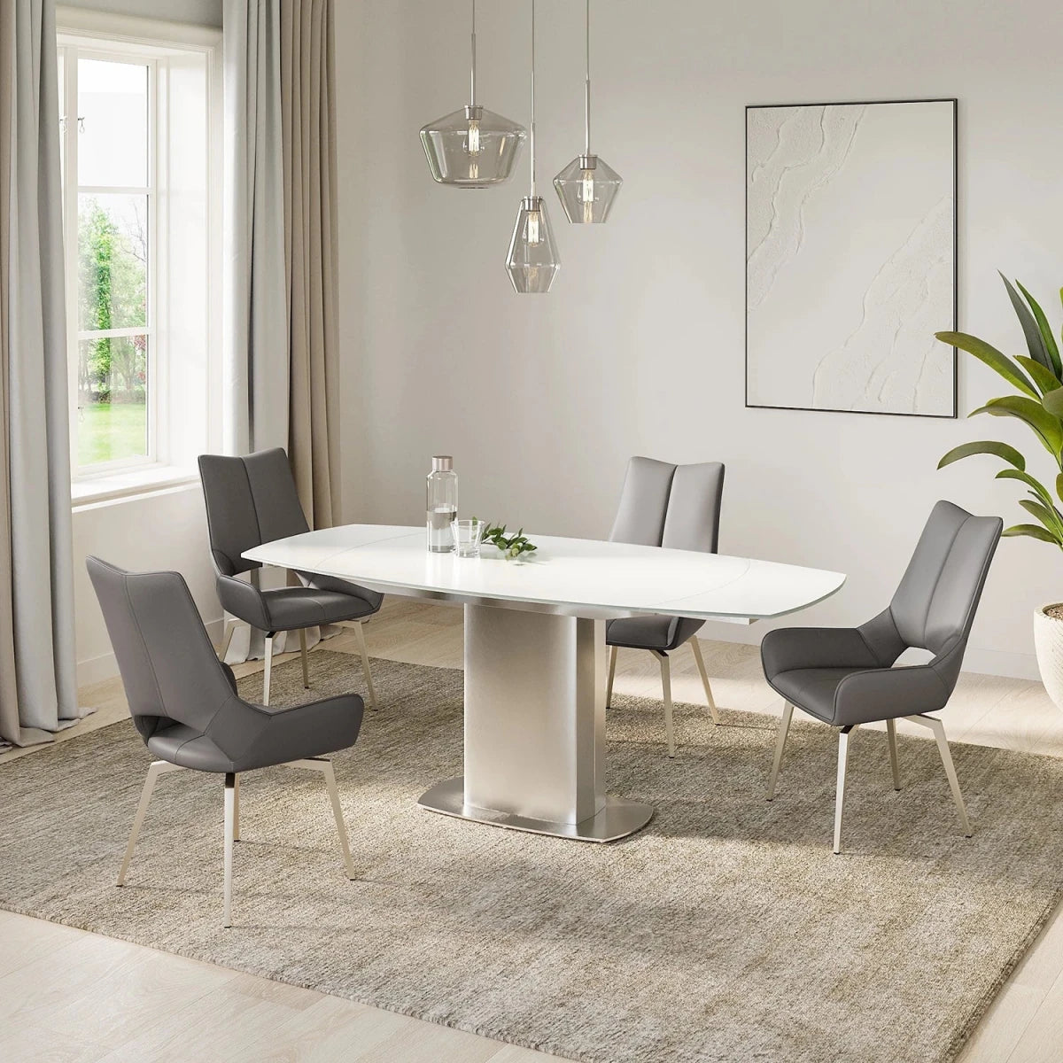 Flow White Glass Extending Dining Table with Four Bella White Faux Leather Swivel Chairs