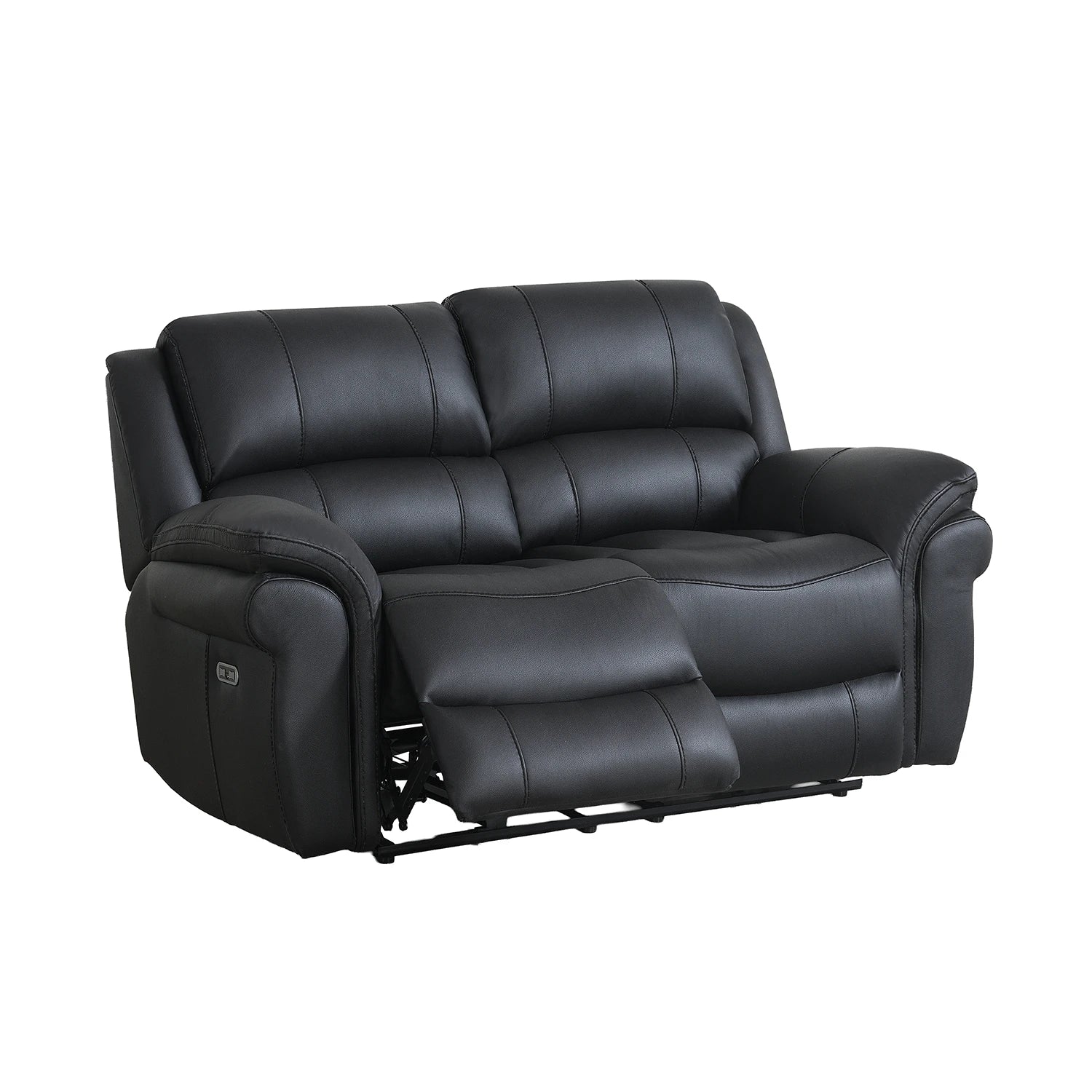 Flynn Black leather look power reclining 2 Seater sofa shown from a three-quarter angle with the right side extended, on a plain white background.