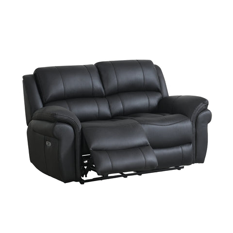 Flynn Black leather look power reclining 2 Seater sofa shown from a three-quarter angle with the right side extended, on a plain white background.