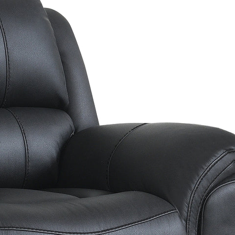 Close-up of a Flynn Black Power Recliner 2 Seater Sofa showing the textured upholstery, button tufting, and clean stitching against a plain white background.