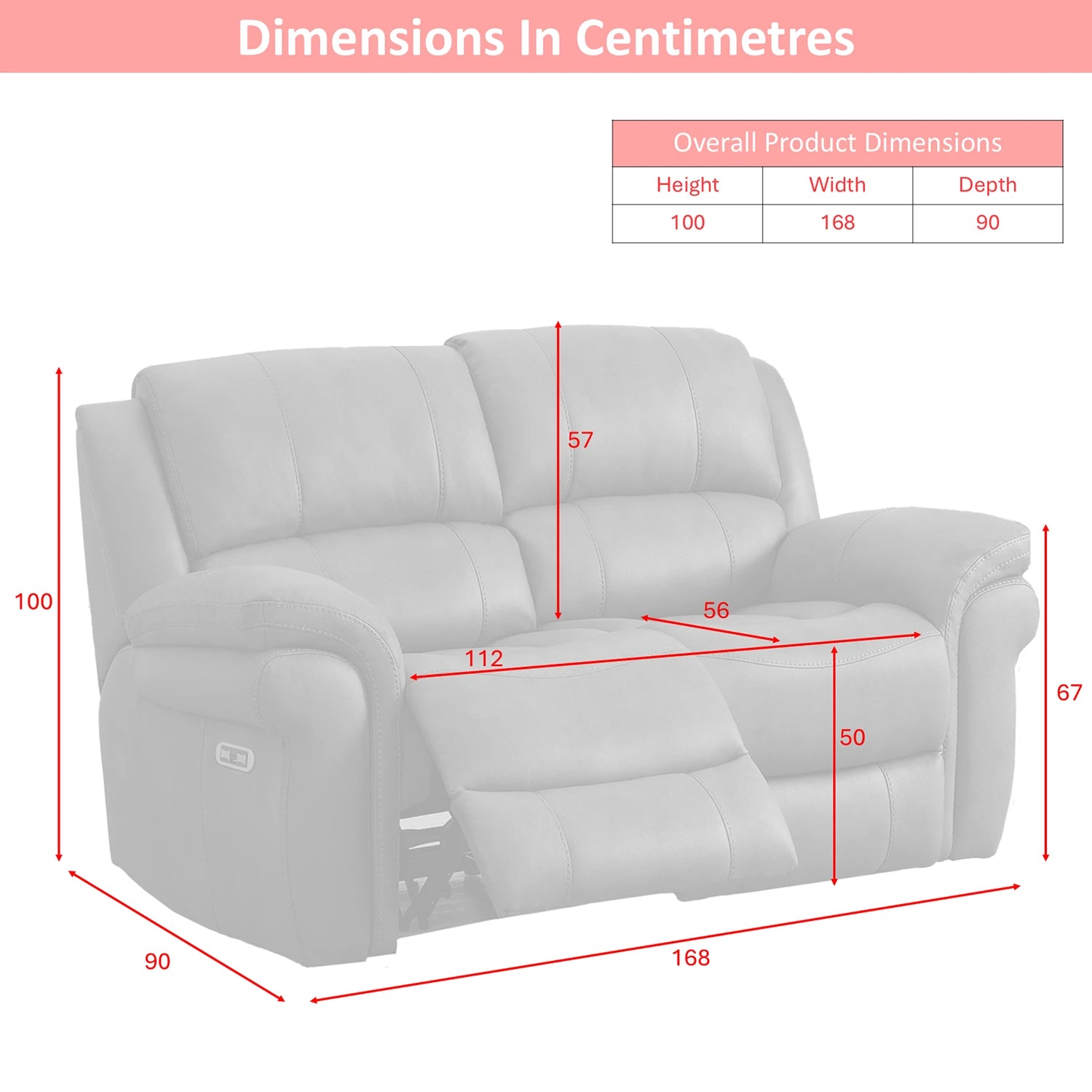 A dimension diagram of a Flynn Black Power Recliner 2 Seater Sofa with red measurement lines and labels showing height, width, and depth in centimeters, plus a small product dimensions table at the top right.