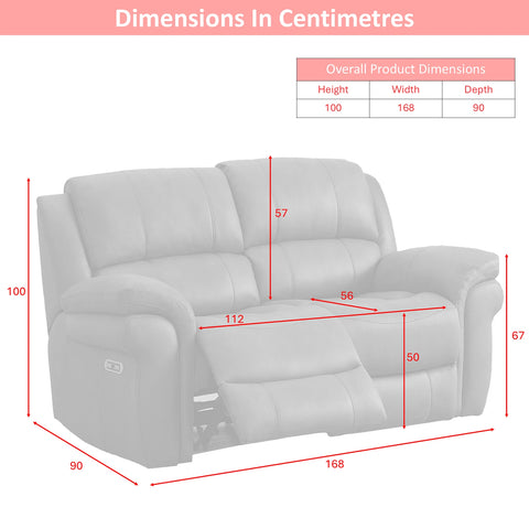 A dimension diagram of a Flynn Black Power Recliner 2 Seater Sofa with red measurement lines and labels showing height, width, and depth in centimeters, plus a small product dimensions table at the top right.