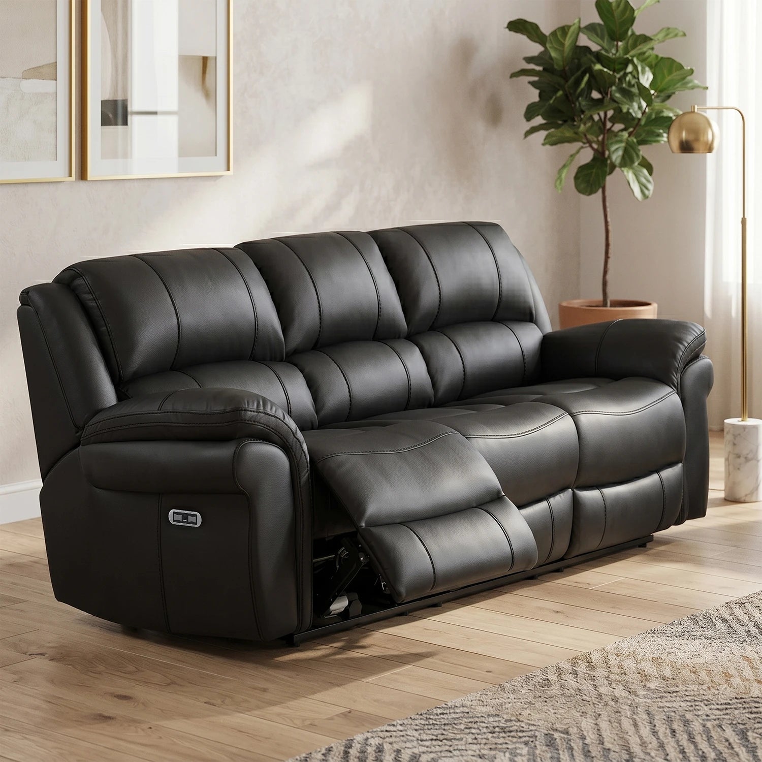 Flynn Black power recliner 3 seater sofa with premium leather-look fabric, pocket sprung seats, USB charging and electric reclining comfort.