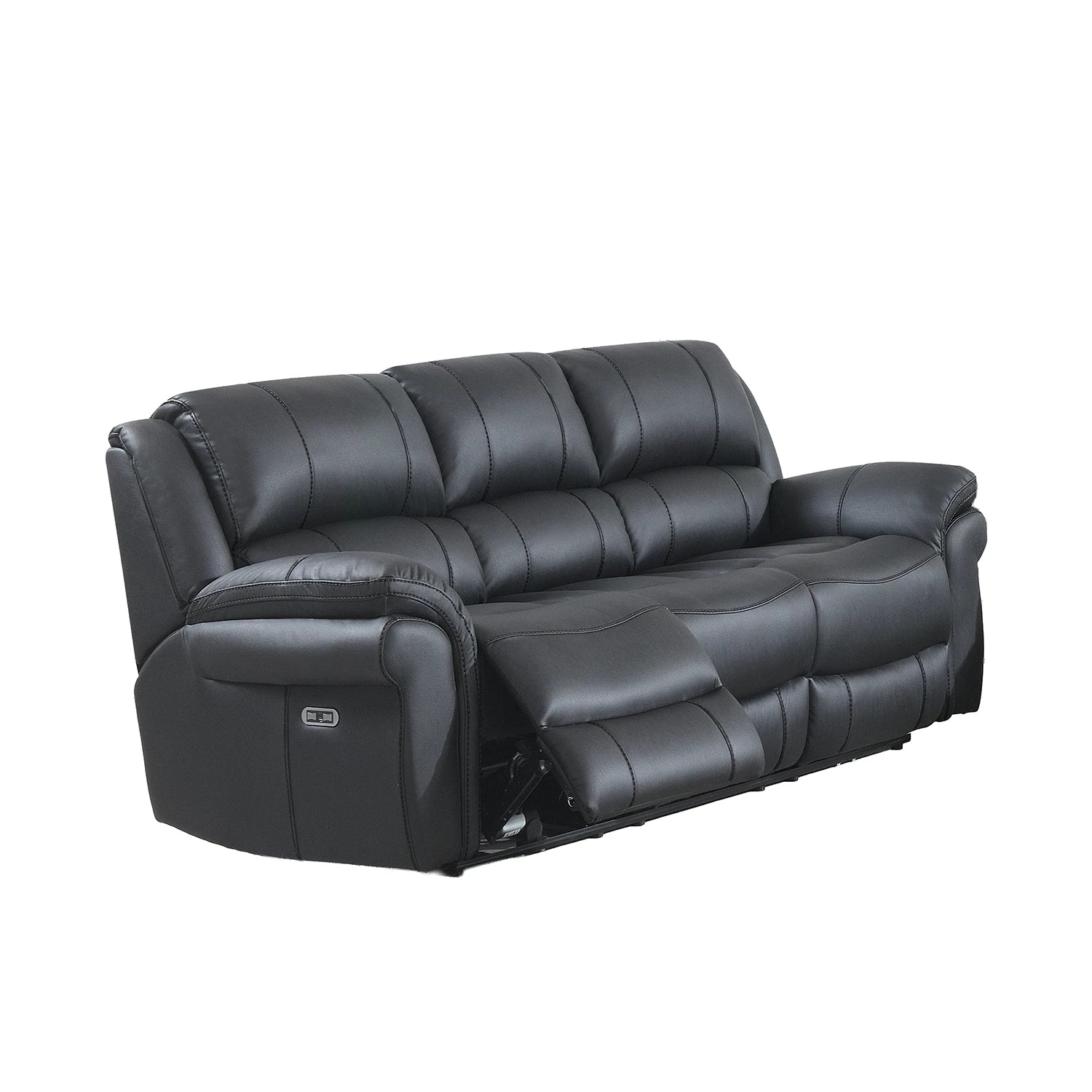 Flynn Black power recliner 3 seater sofa with premium leather-look fabric, pocket sprung seats, USB charging and electric reclining comfort.