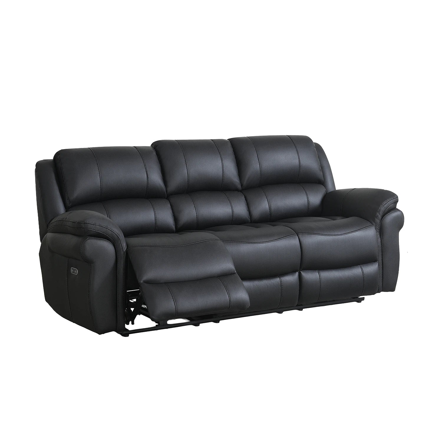Black leather look Fabric reclining power sofa with a three-seats