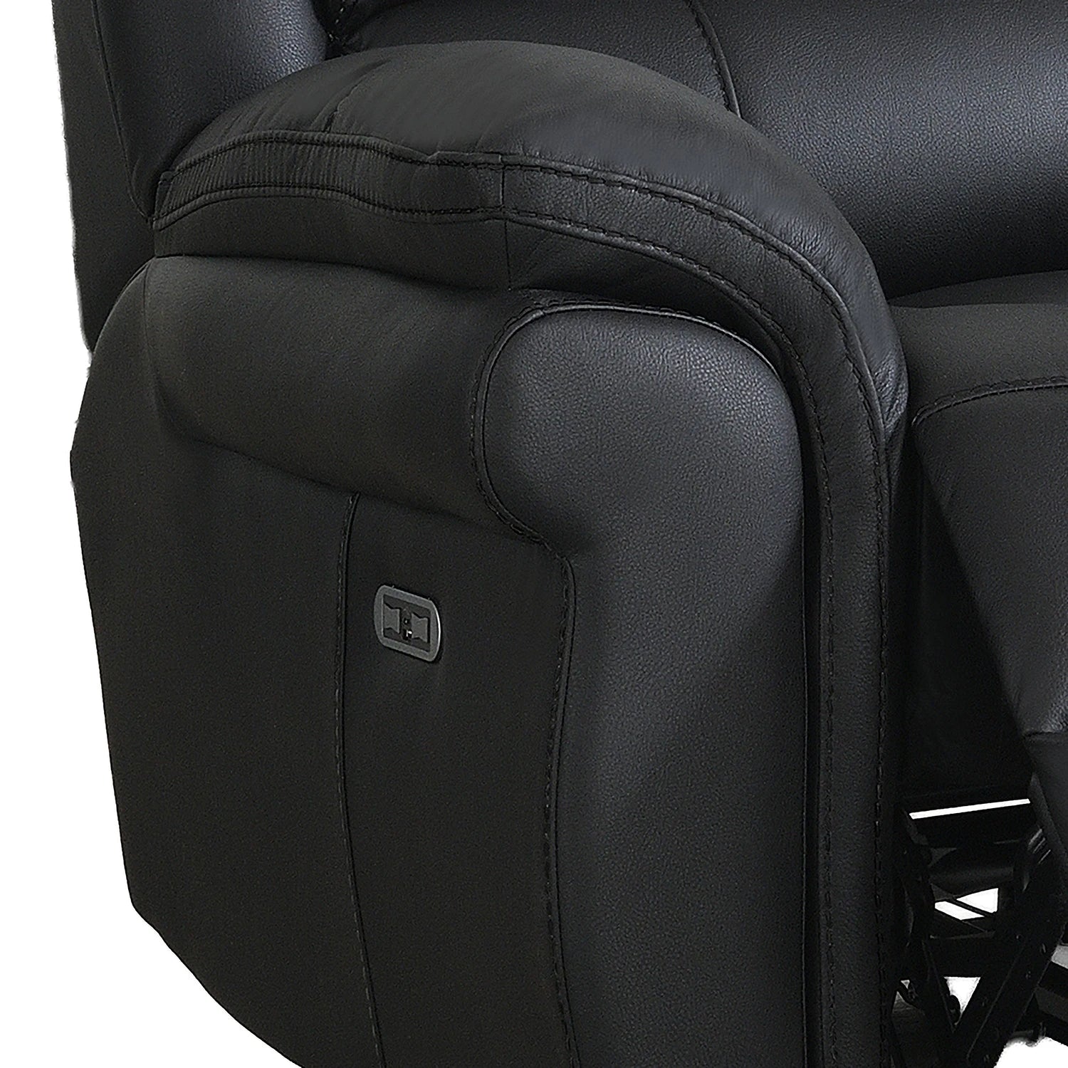 Close-up of a Flynn Black Power Recliner 3 Seater Sofa showing the padded armrest, stitching, and a small control panel on the side.