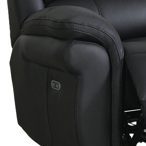 Close-up of a Flynn Black Power Recliner 3 Seater Sofa showing the padded armrest, stitching, and a small control panel on the side.
