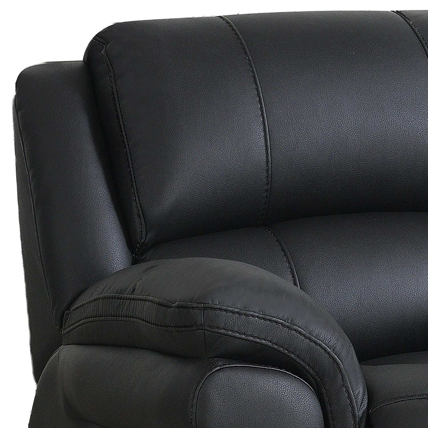 Close-up of a bFlynn Black Power Recliner 3 Seater Sofa showing the padded backrest, armrest, and stitched upholstery against a white background.