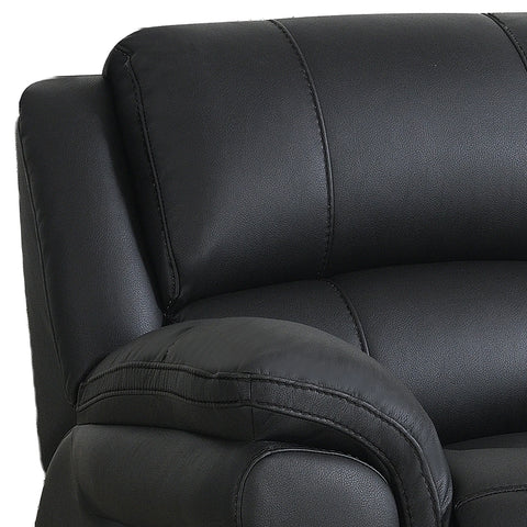 Close-up of a bFlynn Black Power Recliner 3 Seater Sofa showing the padded backrest, armrest, and stitched upholstery against a white background.